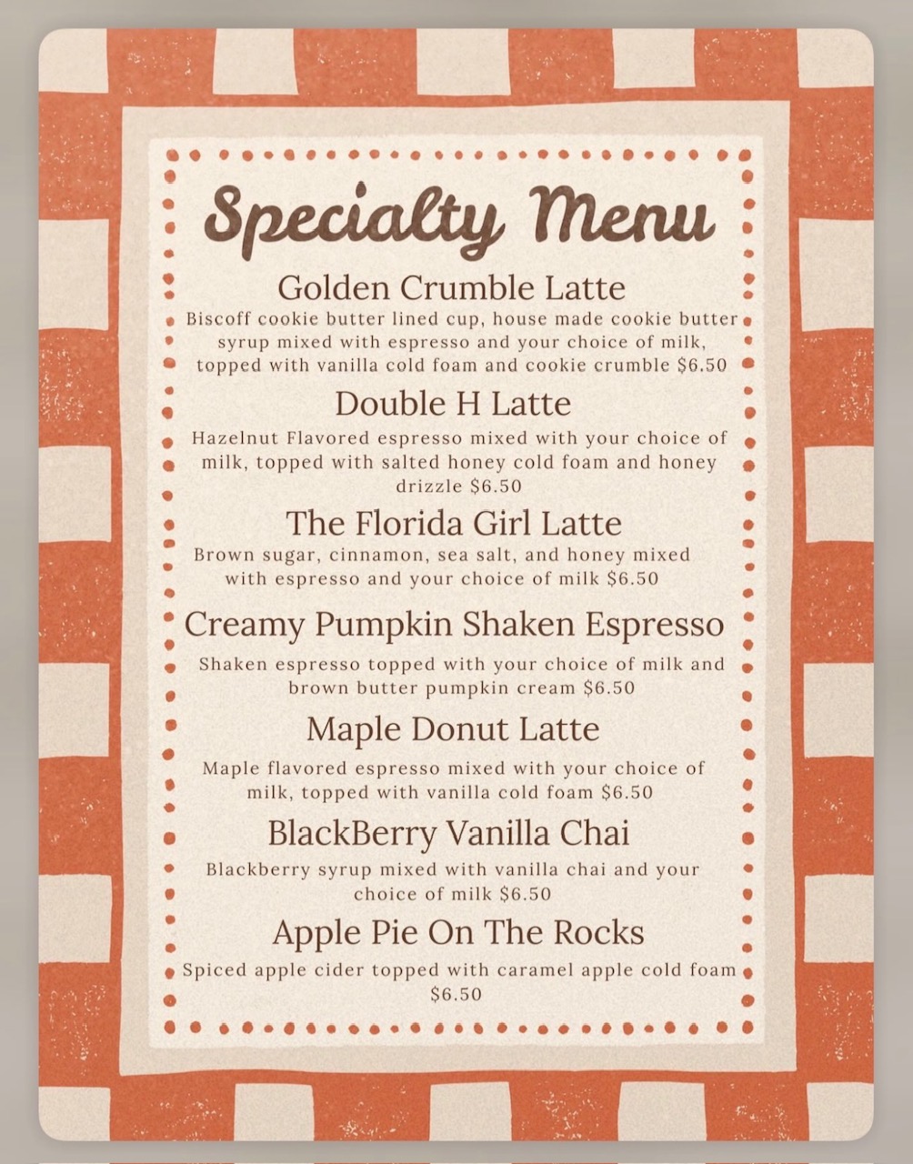 Double H Coffee Co. Specialty Menu board with an orange gingham border and dotted cream frame