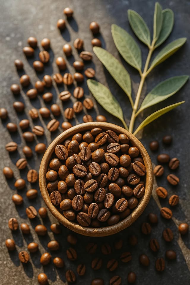 Flat-lay of roasted coffee beans scattered among fresh green leaves