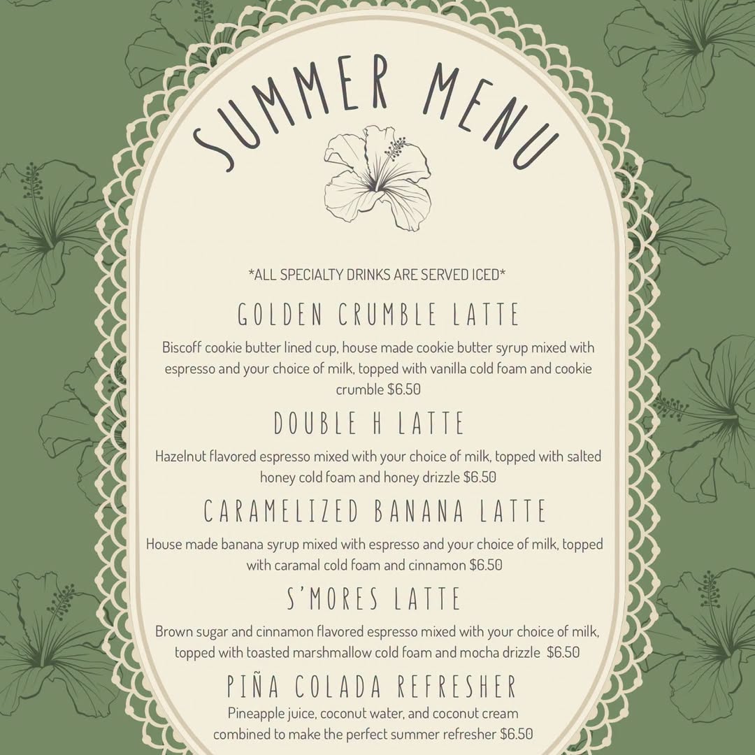 Double H Coffee Co. Summer Menu specials board on sage green with a hibiscus lace design