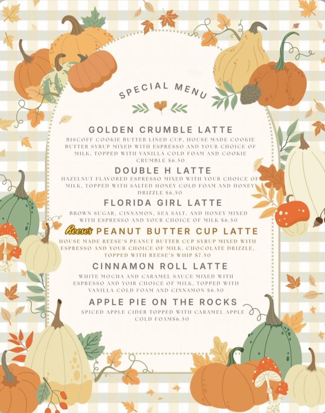 Double H Coffee Co. Special Menu board with an autumn pumpkin and gingham border, listing the seasonal latte lineup